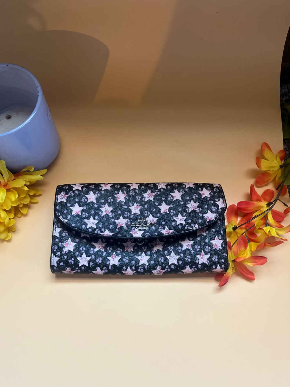 Coach Black Leather Foldover Wallet with White Star Print